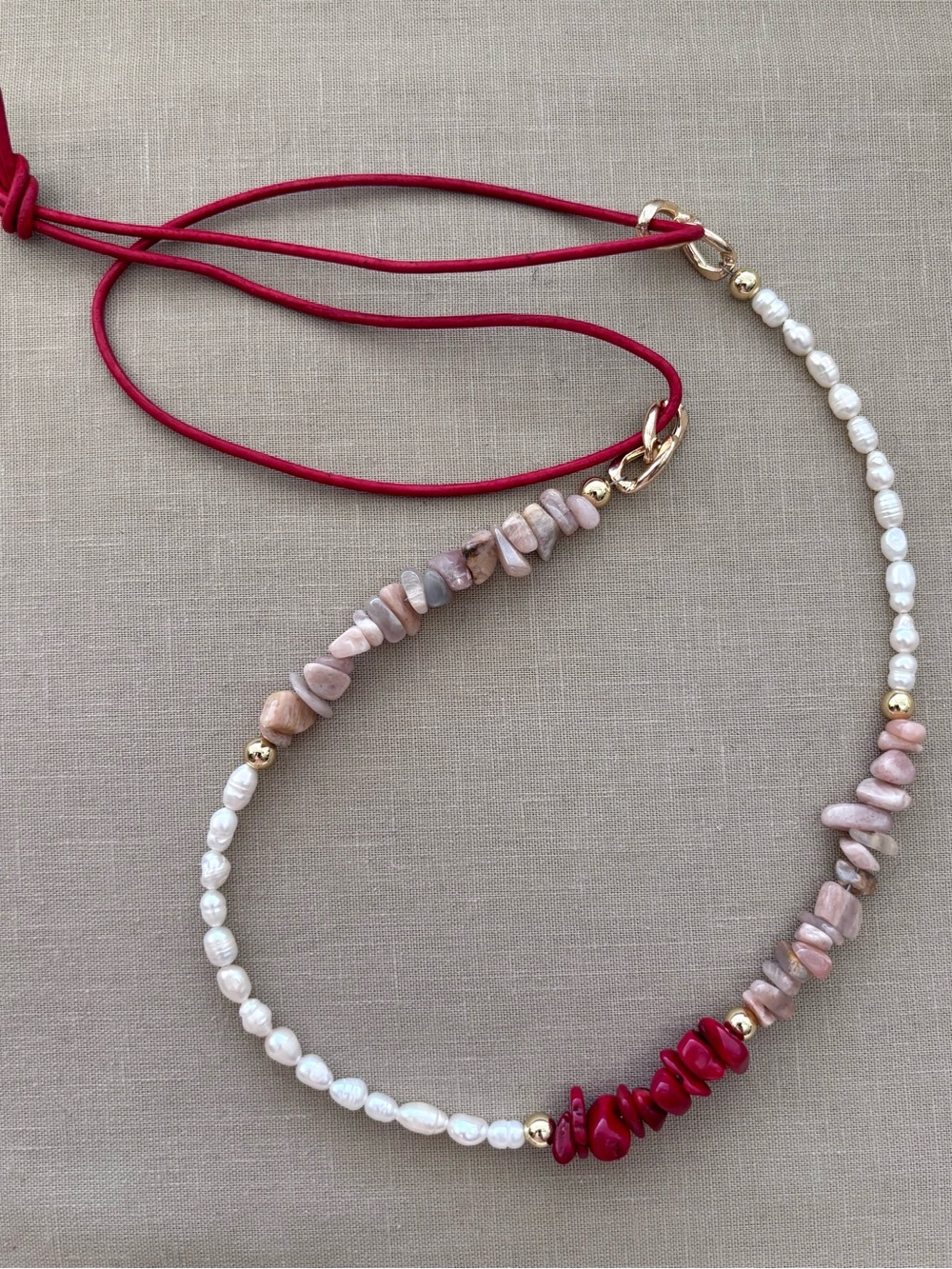 Pearl & Healing Gemstone Necklace with Leather Cord